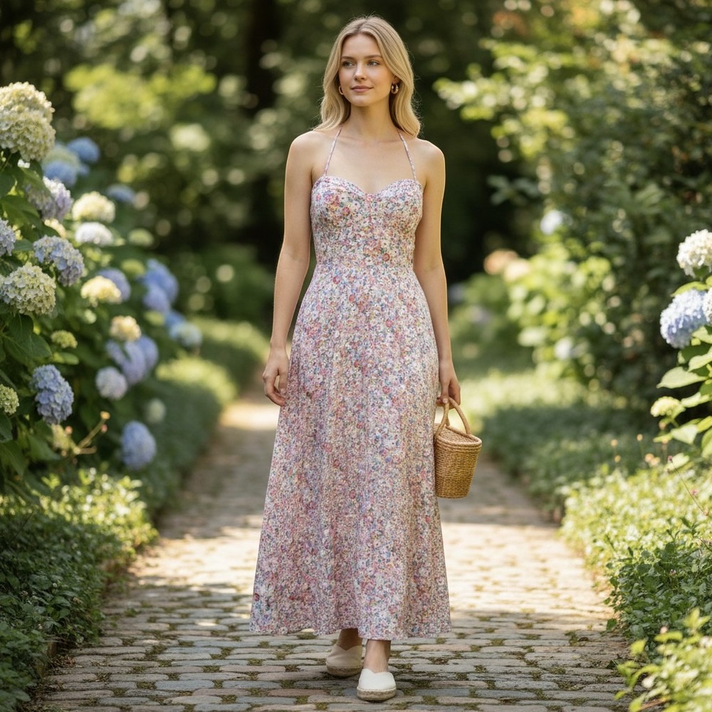En Saison Floral Halter Maxi Dress Sweetheart Bustier Smocked Back‎ Pink Blue M